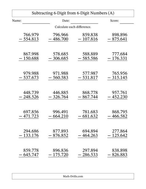 Subtracting 6 Digit From 6 Digit Numbers With No Regrouping 28 Questions Period Separated