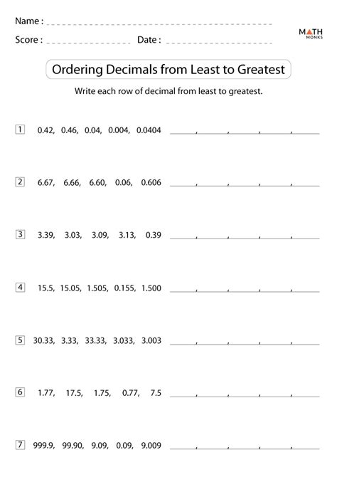 Comparing Decimals 5th Grade Worksheet Printable Word Searches