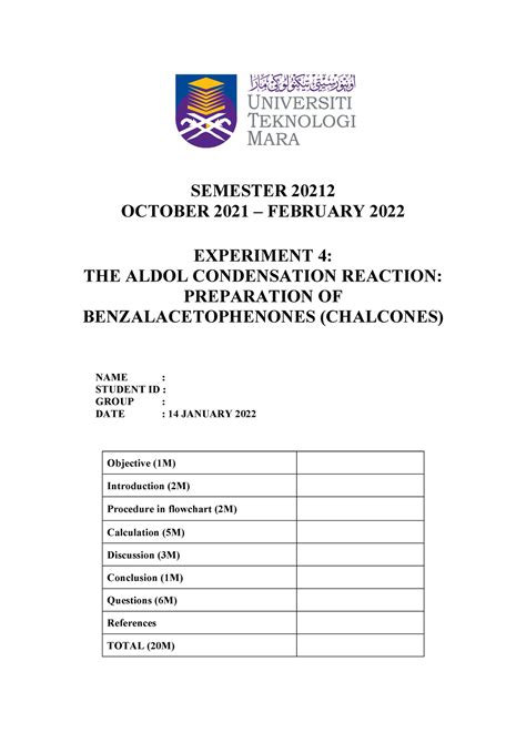 LAB REPORT EXPERIMENT 4 The Aldol Condensation Reaction Preparation