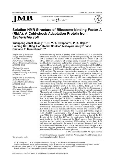 Pdf Solution Nmr Structure Of Ribosome Binding Factor A Rbfa A Cold Shock Adaptation