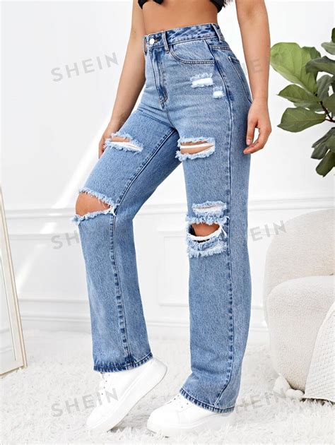 Shein Ezwear Ripped Straight Leg Jeans Shein Usa