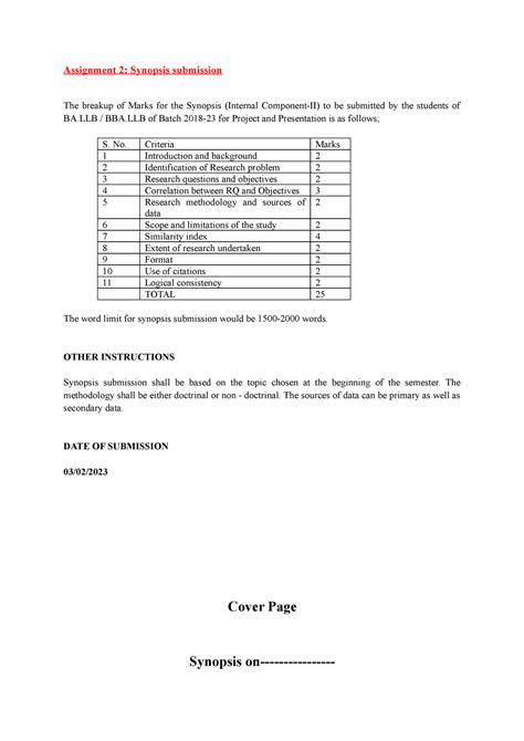 Selectedreference Synopsis Submission Assignment 2 Synopsis Submission The Breakup Of Marks