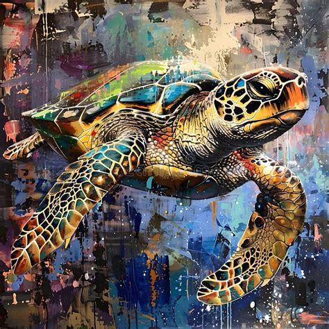 Vibrant Sea Turtle Painting, Abstract Ocean Artwork. Wildlife in Art ...