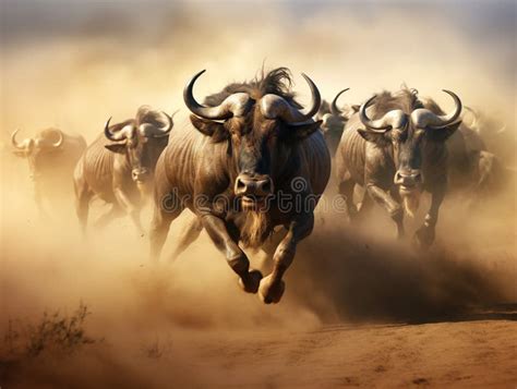 Wildebeests Running Through The Savannah Great Migration Kenya Tanzania