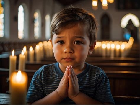 Premium Photo Cute Small Boy Praying In The Church And Jesus Giving