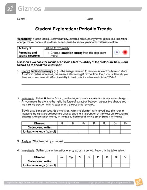 Periodic Trends Gizmos Activity B Mod Name Date Student