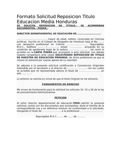 Formato Solicitud Reposicion Titulo Educacion Media Honduras Formato