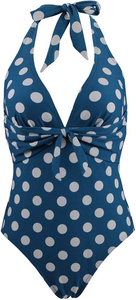 GWELL Damen Vintage Punkt Badeanzug Neckholder Rückenfrei Einteiler Monokini Bikini Bademode