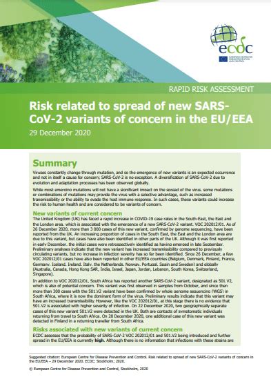 Risk Assessment Risk Related To Spread Of New Sars Cov 2 Variants Of Concern In The Eu Eea