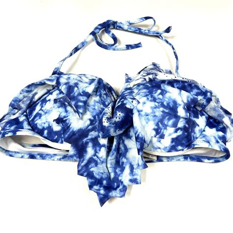 Pink Victorias Secret Large Bikini Top Pushup Blue White Ruffle Flounce