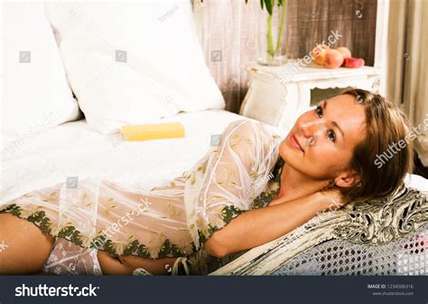 Sexy Beautiful Brunette Woman Laying Bed Stock Photo 1234506316