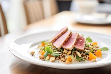 Premium Photo Seared Tuna Steak On Quinoa Salad With Sliced Almonds