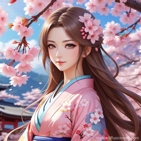 Anime Girl in Kimono Surrounded by Cherry Blossoms | Stable Diffusion ...