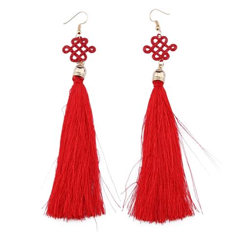 Ethnic Chinese National Wind Red Tassels Chinese Knot Earrings For Women Handmade Pendant