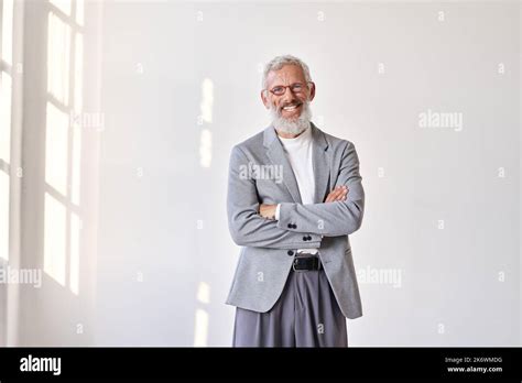 Happy Senior Older Business Man Wearing Suit Standing Isolated On White