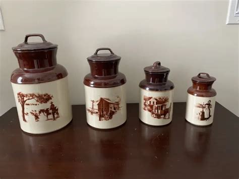 Rare Mccoy Pottery Canister Set Featuring Dairy Farm Scenes Brown Set