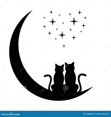 Cats On The Moon A Loving Couple Cats Looking At The Moon Illustration