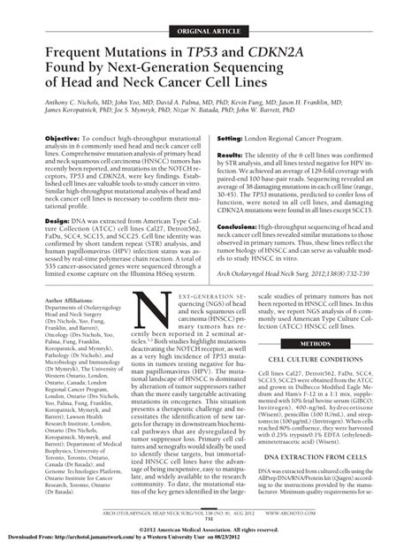 Pdf Frequent Mutations In Tp53 And Cdkn2a Found By Next Generation