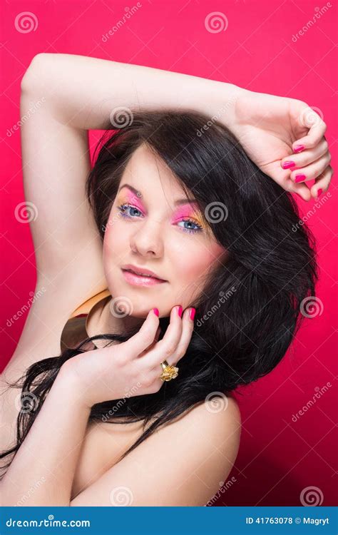 Beautiful Naked Girl With Bright Makeup And Long Curly Hair Stock Photo Image Of Glamour