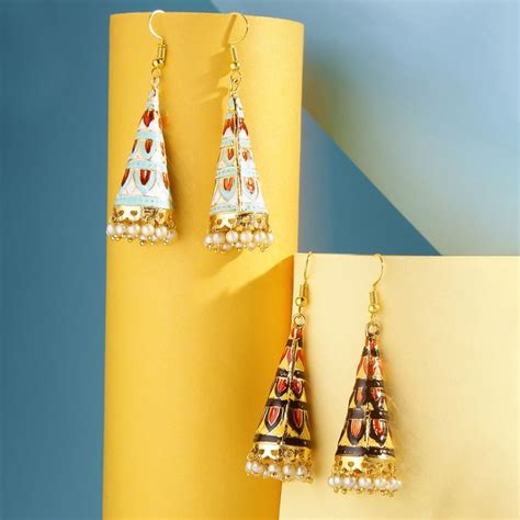 Yellow Chimes Gold Plated Meenakari Jhumka Earrings Pack Of 2 Buy