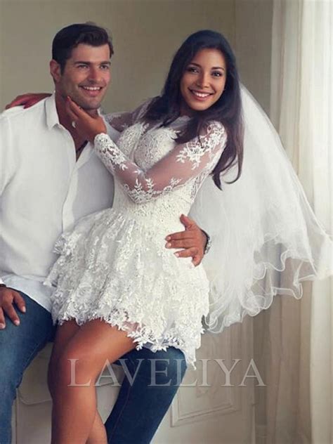 A-line Scoop Long Sleeves Applique Short/Mini Lace Wedding Dress - Laveliya