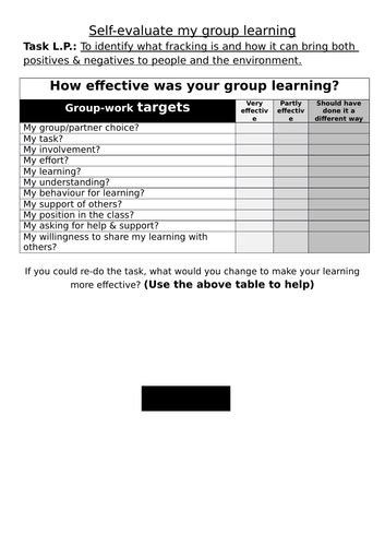 groupwork self evaluation sheet metacognition reflection group work | Teaching Resources