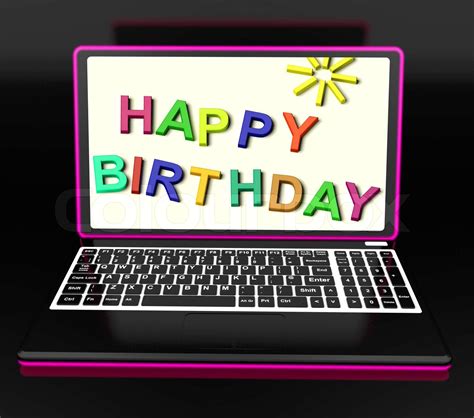 happy birthday  laptop shows   stock image colourbox