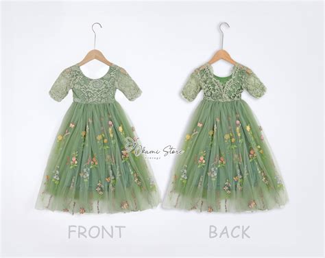 Sage Green Floral Embroidered Tulle Flower Girl Dress Easter Girls