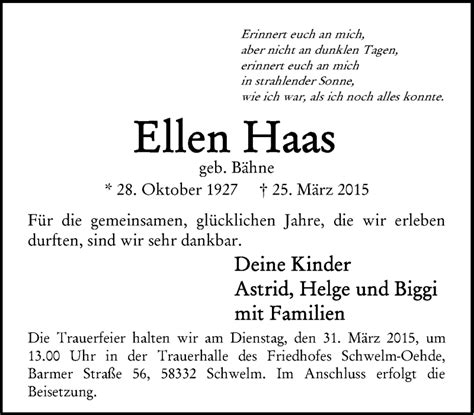 Traueranzeigen Von Ellen Haas Trauer In Nrw De