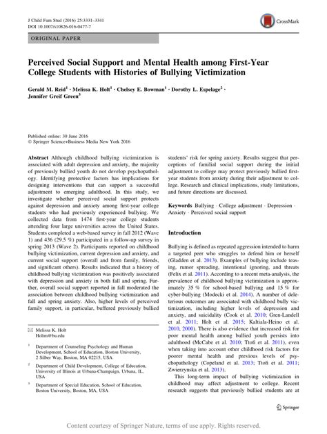 Perceived Social Support And Mental Health Among First Year College