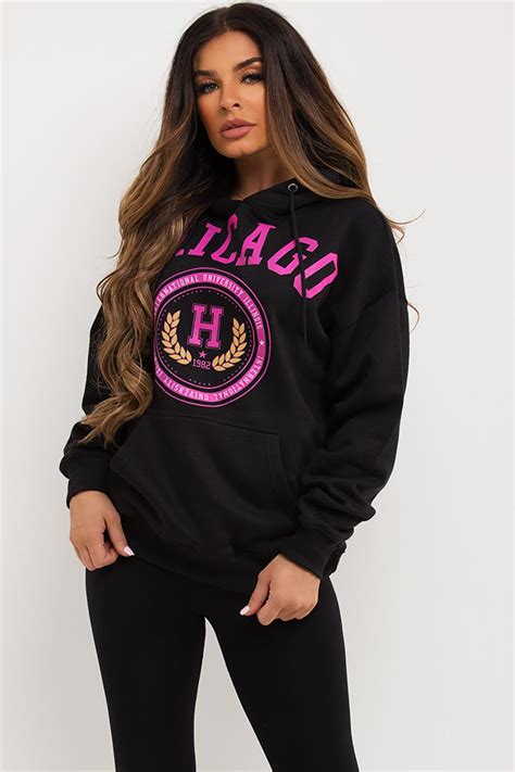 Womens Black Oversized Hoodie With Chicago Print Uk