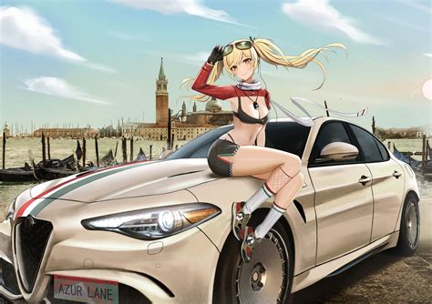 Anthropomorphism Azur Lane Blonde Hair Breasts Building Car City