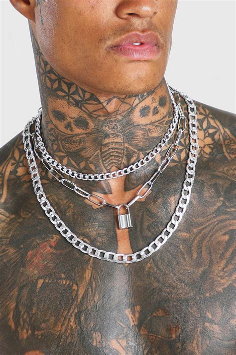 Mens 3 Layer Chain Necklace With Padlock Boohoo Uk