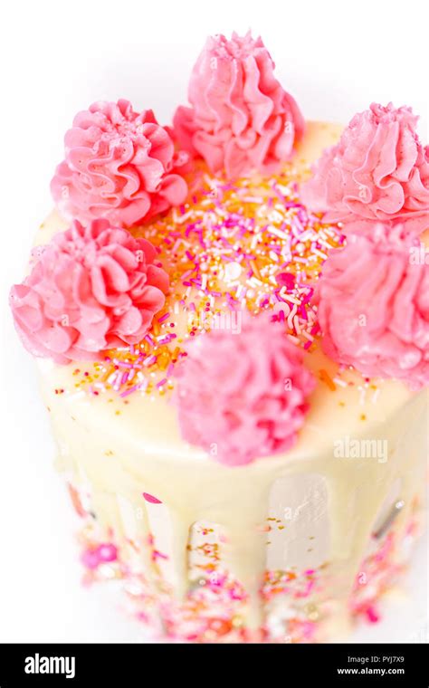 Pink And White Buttercream Cream Cake With Pink Sprinkles And White