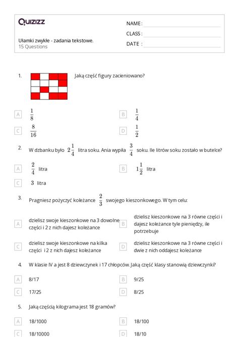 Ponad 50 Zadania tekstowe do rozwiązania w kilku krokach arkuszy