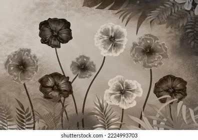 3d Mural Wallpaper Painting Flowers Leaves Stock Illustration ...