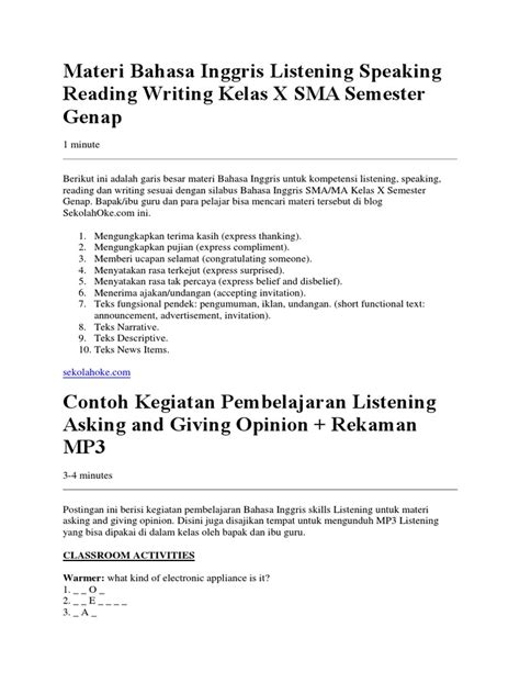 Materi Bahasa Inggris Listening Speaking Reading Writing Kelas X Sma