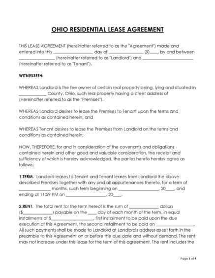 Ohio Lease Agreement Templates Common Types PDF Word