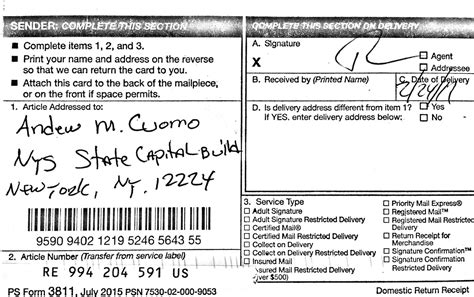 Calam O Cuomo Registered Mail Receipt