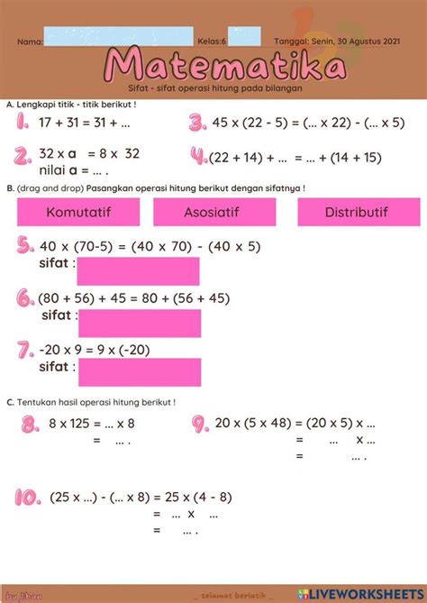 Sifat Operasi Hitung Pada Bilangan Worksheet