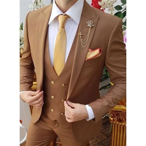 Men Suits Brown 3 Piece Slim Fit Elegant Suit Golden Button Suit Formal