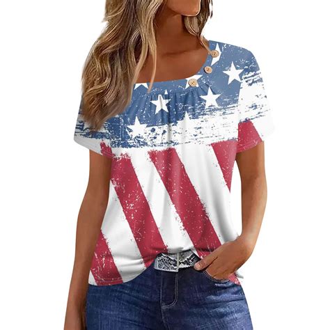 Knosfe American Flag Shirts For Women 2024 Crew Neck 4th Of July Short Sleeve Tops Casual