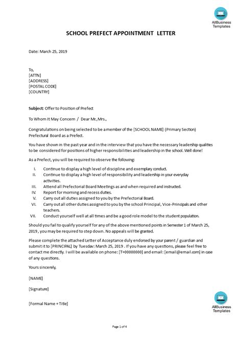 Offer To Parents School Prefect Templates At