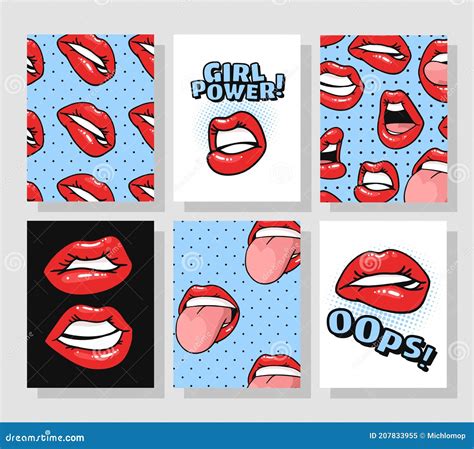 Set Of Cards With Female Lips With Gloss Red Lipstick Pop Art Style