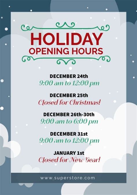 A Holiday Opening Hours Poster With Snow And Clouds In The Background