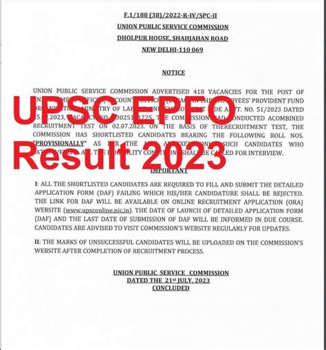 UPSC EPFO Result 2023 Released APFC 577 Posts Merit List Pdf