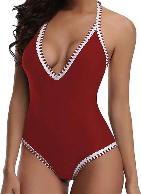 Corafritz Damen Sexy Einteiler Monokini Tiefer V Ausschnitt Badeanzug Push Up Bauchkontrolle