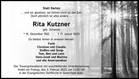 Traueranzeigen Von Rita Kutzner WirTrauern