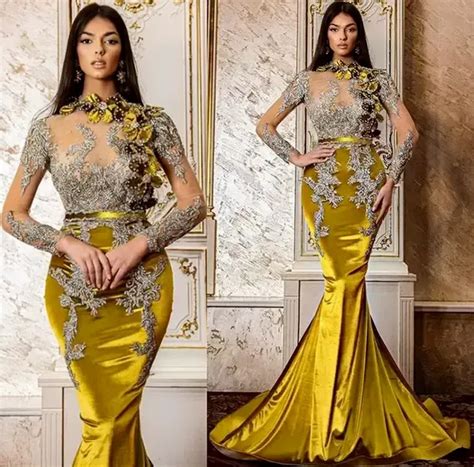 Nuevo Talla Grande Rabe Aso Ebi Lujoso Sirena Oro Dorado Vestidos