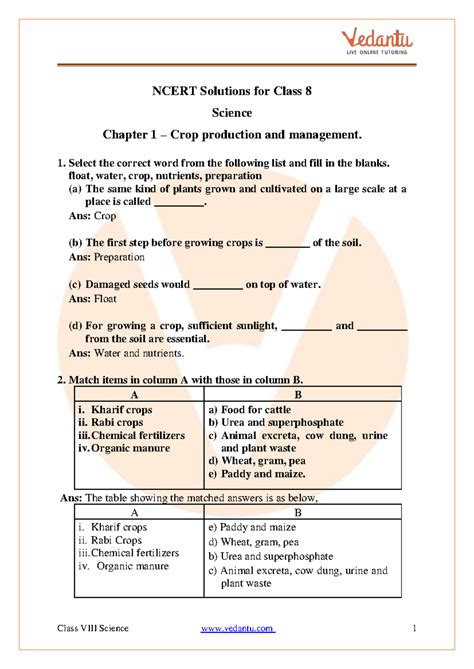 Ncert Solutions For Class 8 Science Chapter 1 Crop Production And